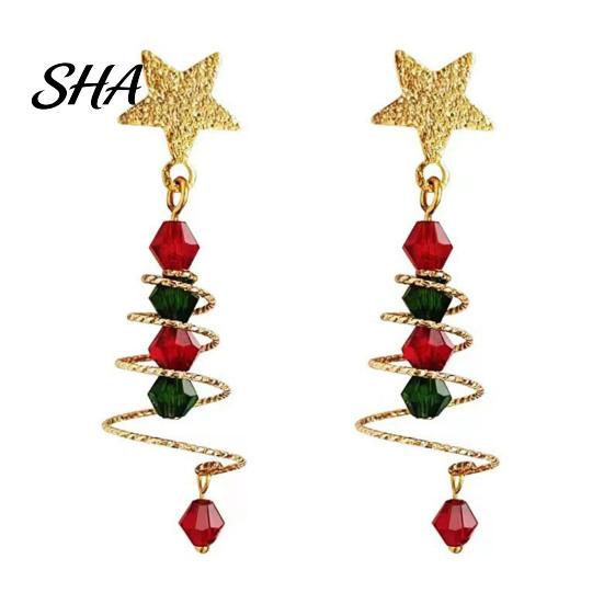 Shiny Statement Earrings 1 Pair Christmas Dangle for Women, Glitter Star Spiral Faux Red Green Crystal Beads Tree Shaped Earrings, Sparkly Festival