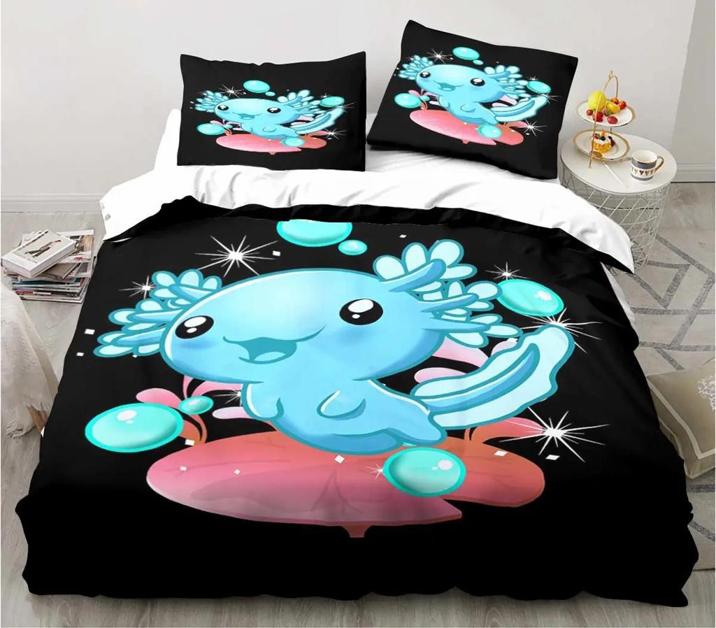 Cute Kawaii Axolotl Art Christmas Navidad Gift King Twin Double Child Customized Bedding Set Duvet Cover with Pillowcase 3 Piece