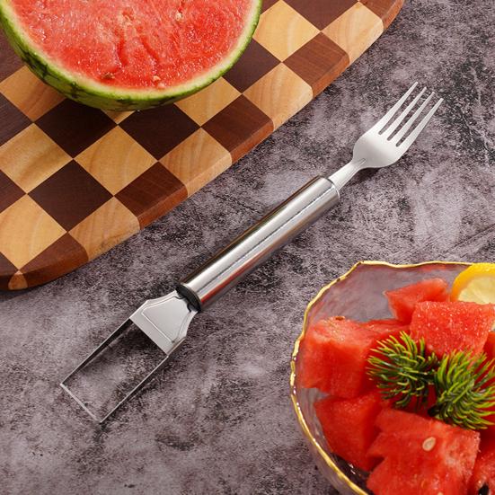 Watermelon Cutter Fruit Fork Melon Mango Cube Cutter Stainless Steel Dual-Headed Watermelon Fork Cutting Tool for Slicing