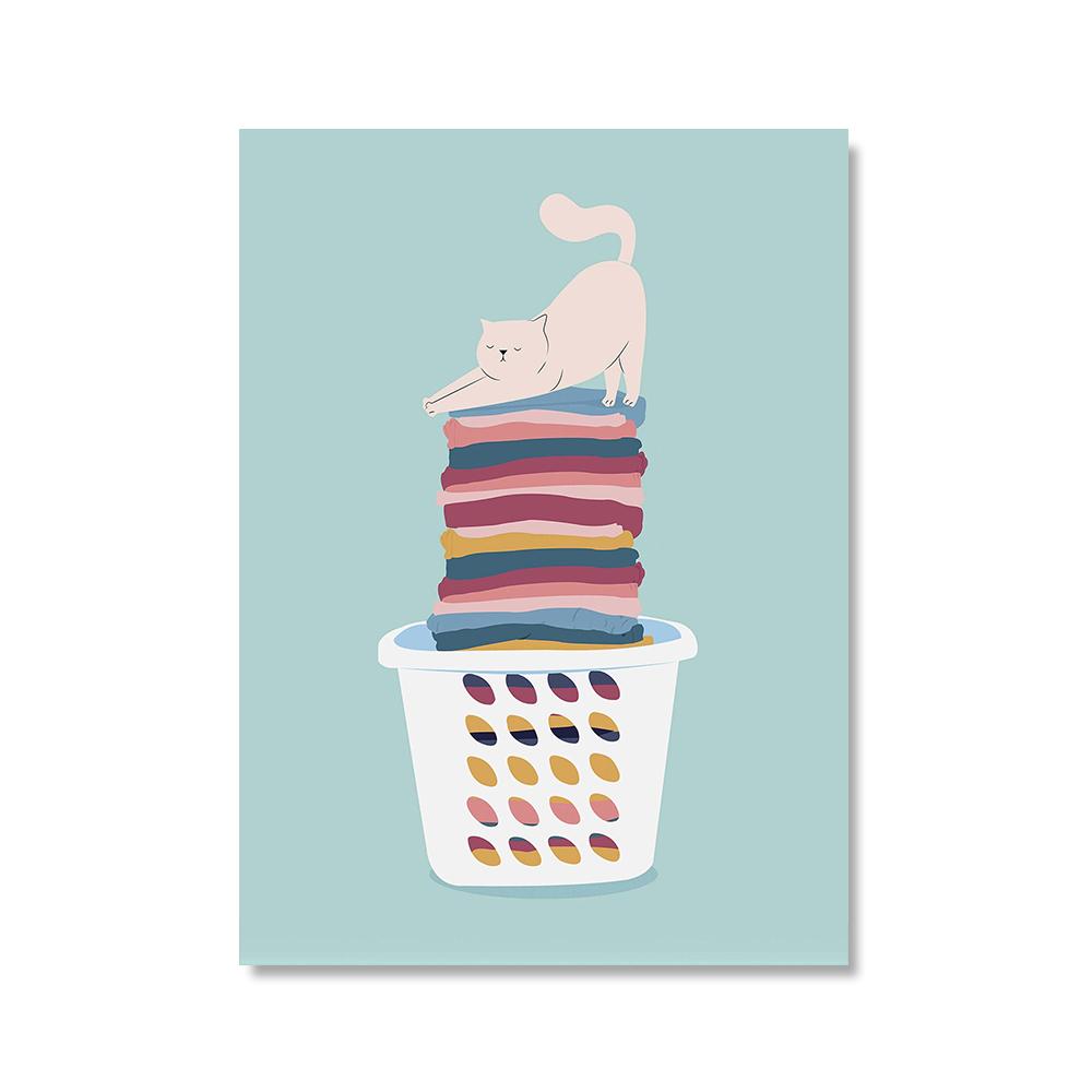 Nordic Posters Woman Reading Book Coffee Abstract Wall Art Print Canvas Painting Decor Cat Laundry Art Pictures For Living Room