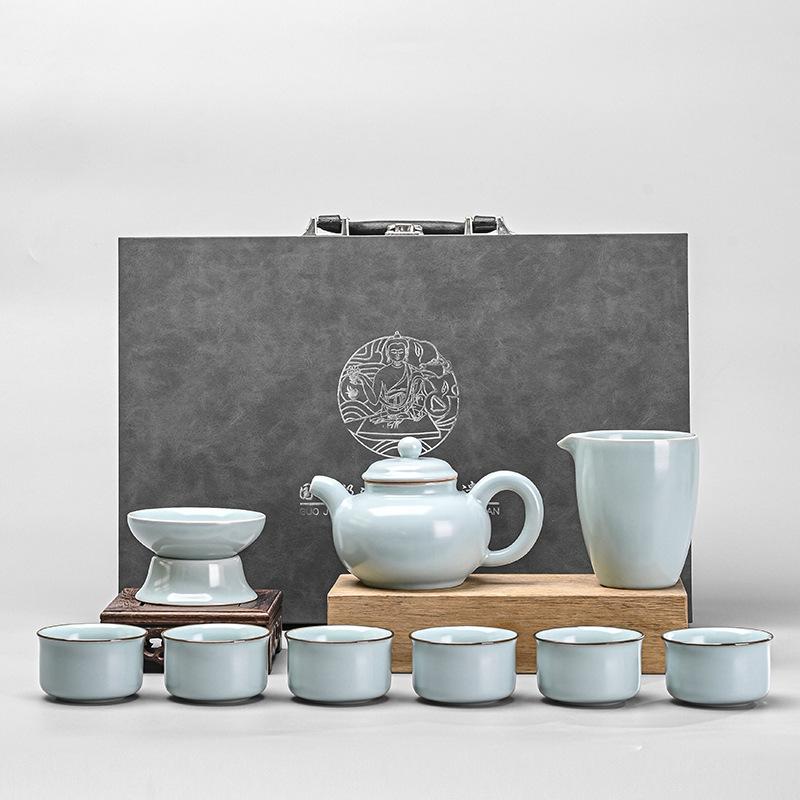 Ru Kiln Ice Crack Kung Fu Tea Set Household Living Room Ceramic Brewing Teapot Open Light Luxury Teacup High-end Gifts