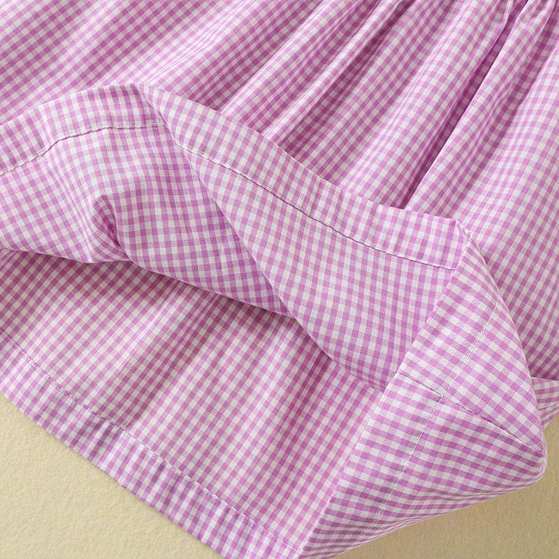 Girls Summer Purple Plaid Cotton Princess Dress With Cartoon Embroidery Smocked Birthday Party Gown For Kids