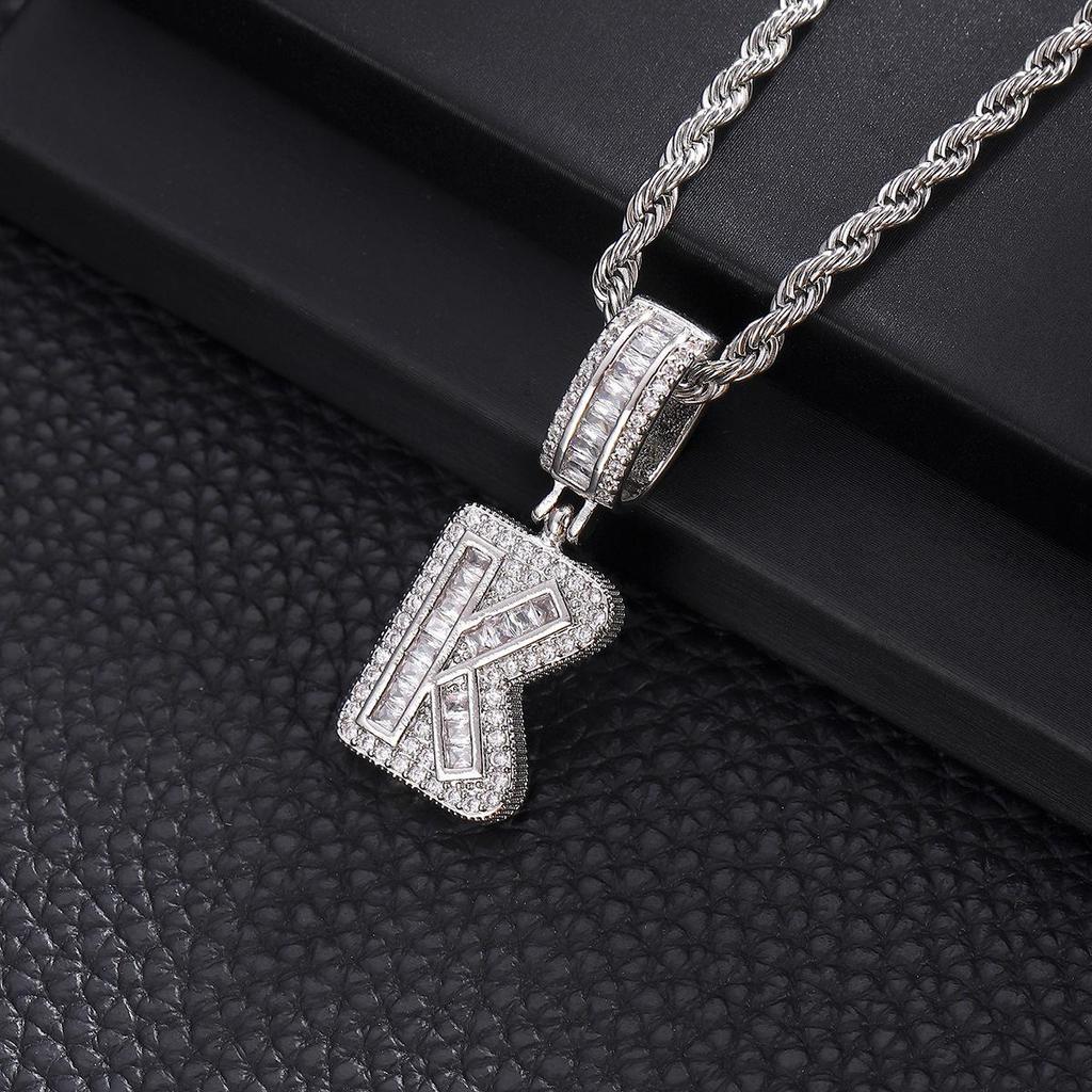 Zircon Inlaid Rock Sugar Initial Pendant Necklace - European & American Hip-Hop Style