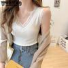 V-neck Lace Suspender Wide Shoulder Vest Women's Summer Slim Sleeveless Threaded Top Camisole Solid Color Tank Top