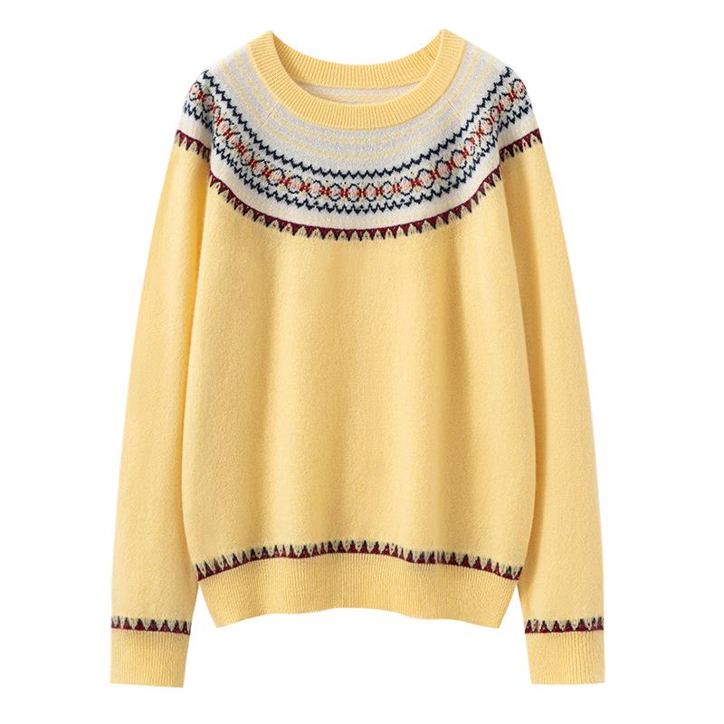 Women's 100% Cashmere Jacquard Sweater: Autumn/Winter Loose Round Neck Knitwear