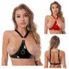 Womens Faux Leather Wire-free Unlined Bra Top Halter Straps Lingerie Nightwear