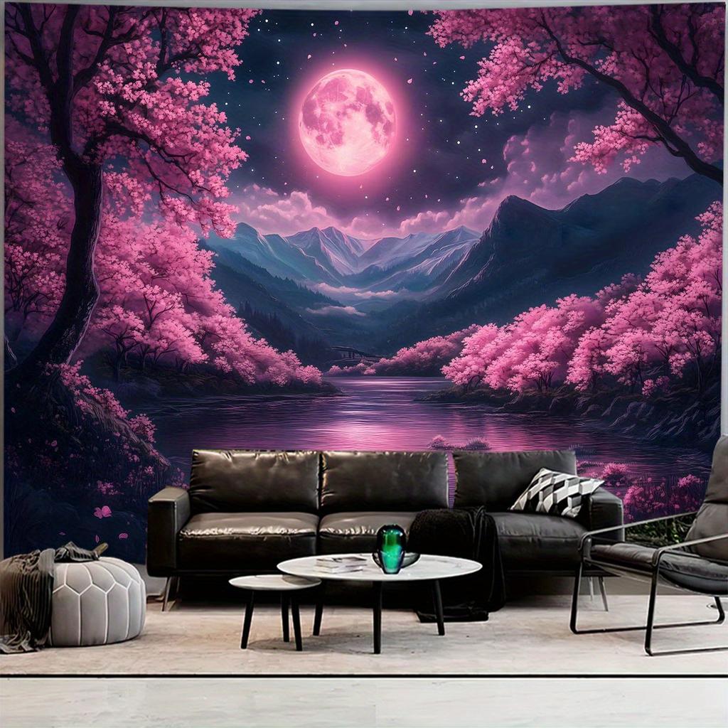 Pink Moon Cherry Blossom Lake Tapestry, Magical Night Sakura Trees Mountain Calm Water Nature Landscape Art Wall Cloth For Home