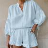 Women Casual Cotton Linen Ruffle Shorts Suits Long Sleeve Drawstring Linen Pullover 2 Pcs Set Summer Ladies Beach Outfit Blouse