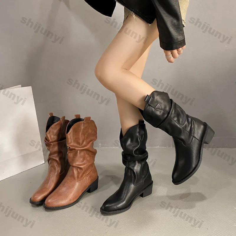 Fashion Women Brown Pointy Mid Calf Knee Boots Autumn Winter Vintage Chunky Heeled Cowboy Boots Woman Loose Tube Pleated Western Booties