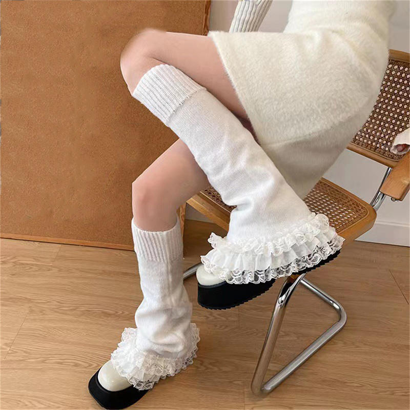 Kawaii Leg Warmers Women Aesthetic Solid Color Ruffled Lace Patchwork Calf Socks Harajuku Flare High Stockings