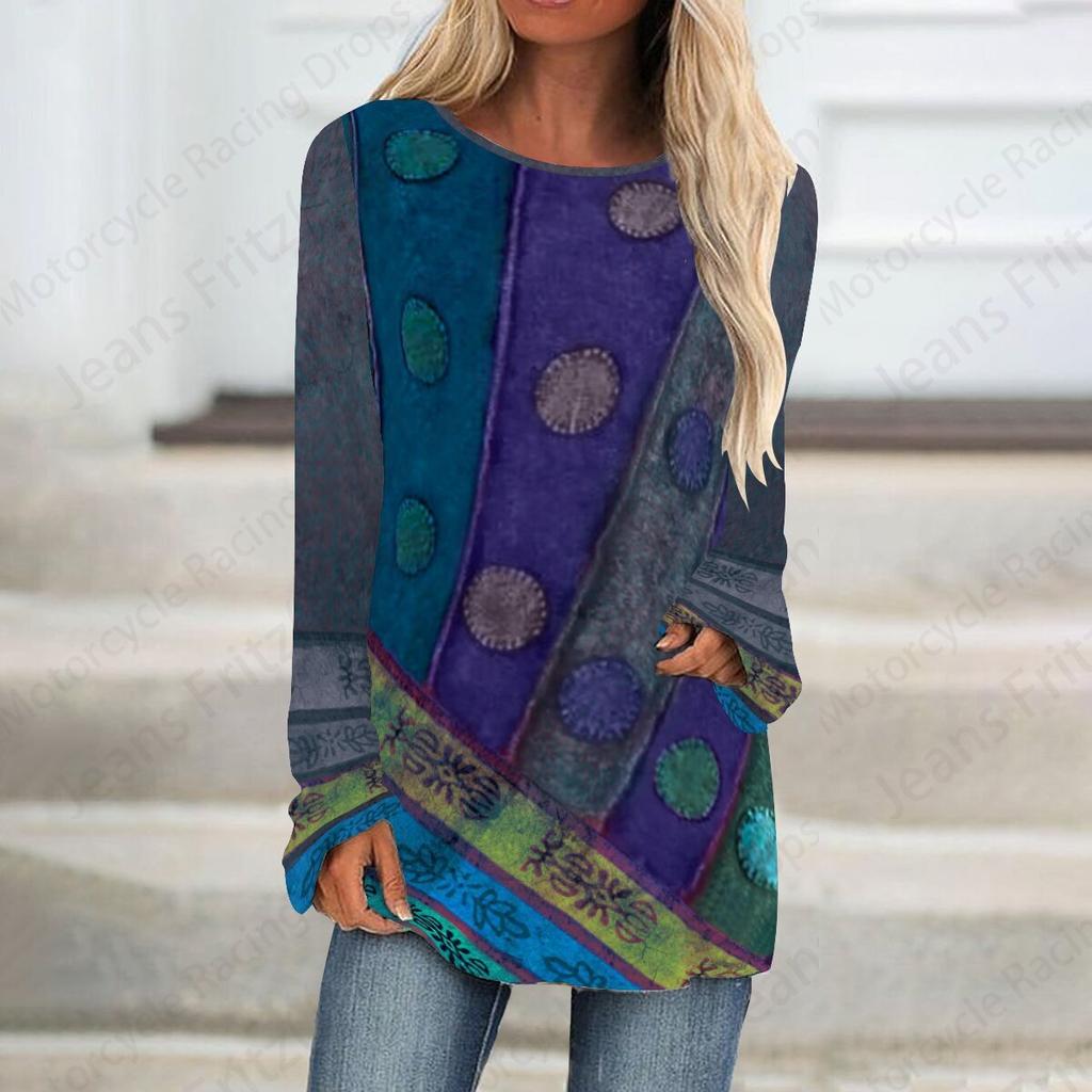 Винтажный лоскутный 3D-принт футболки с длинным рукавом Женская мода свободные оверсайз топы футболки длинные топы женские туники осень