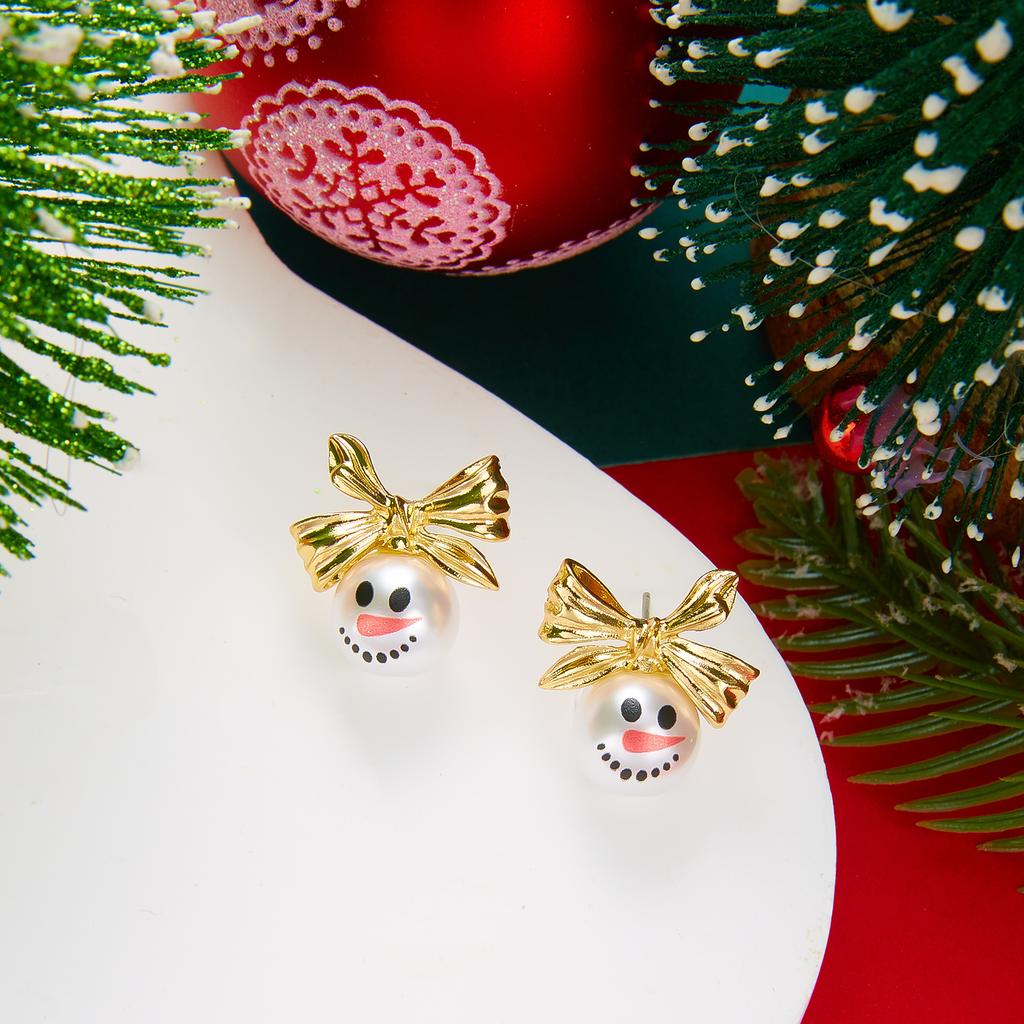 Cute Snowman Imitation Pearl Stud Earrings For Women Gold Color Bowknot Zircon Elk Xmas Tree Earring Holiday Party Jewelry Gift