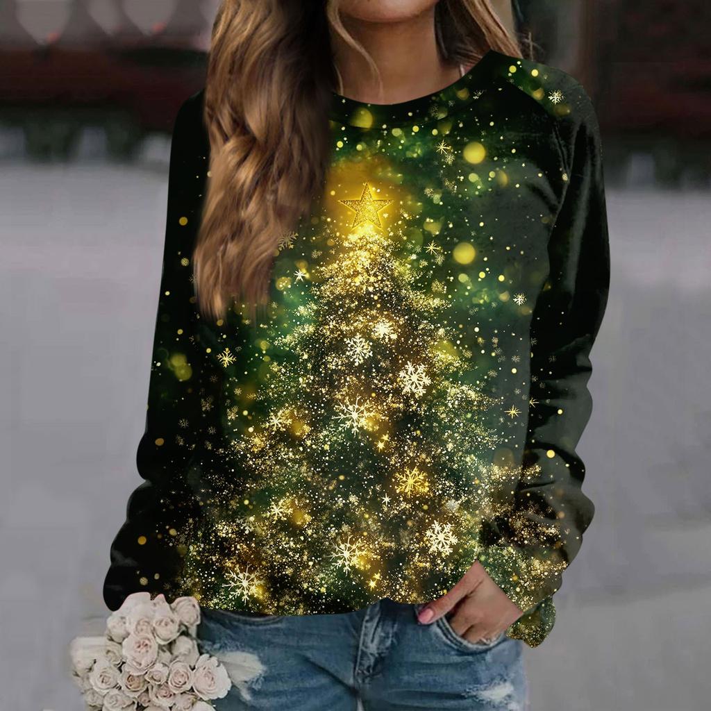 Женский повседневный модный рождественский принт с длинным рукавом и круглым вырезом, пуловер, топ
