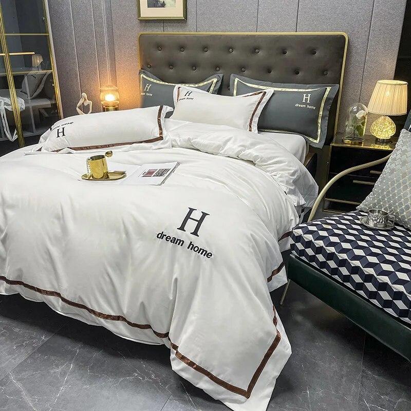 4 Pcs Light Luxury Polyester Cotton Sheets for Bed Solid Colour Full Queen King Size Bed Comforter Set with Duvet Cover