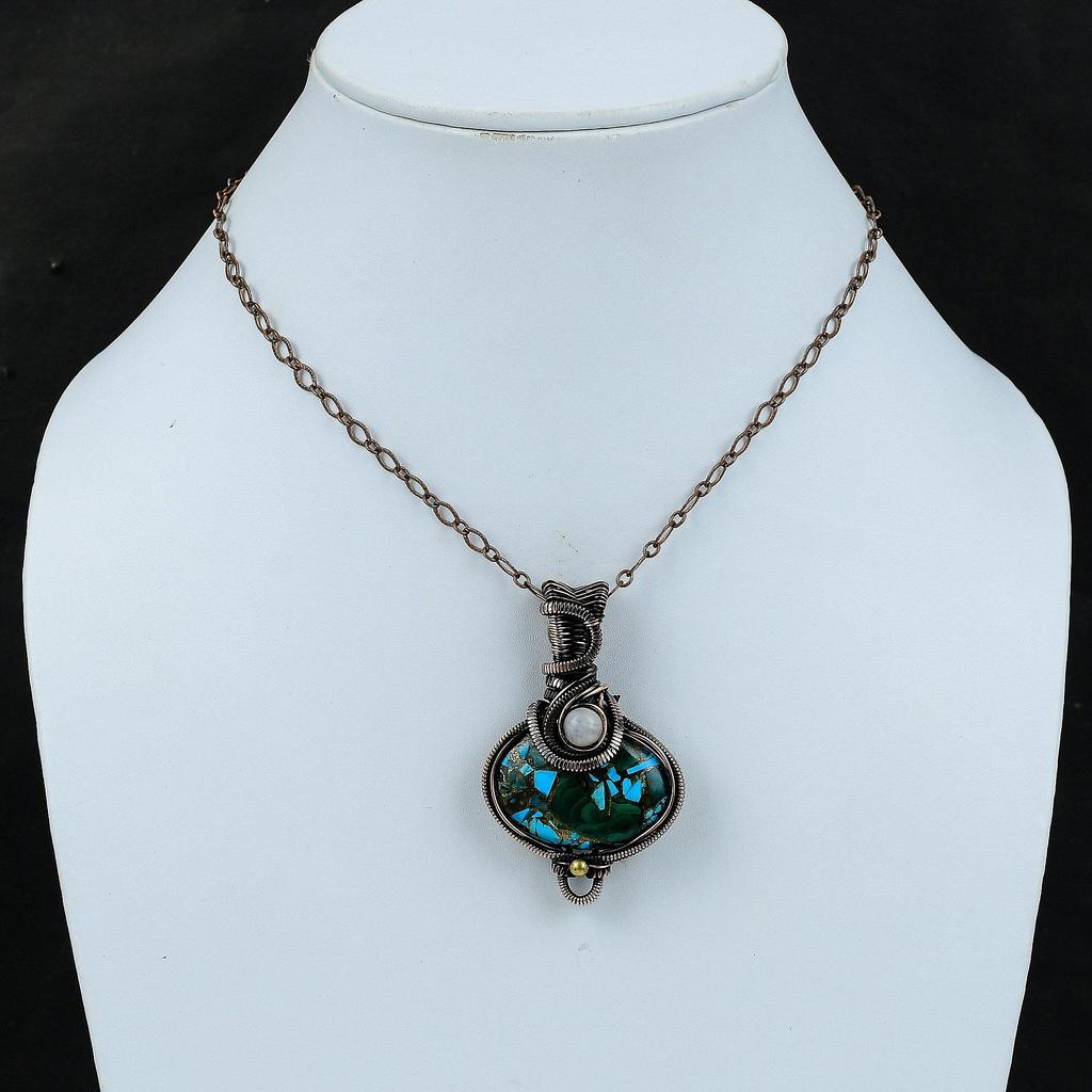 Медный малахитовый бирюзовый кулон, обернутый медной проволокой, ювелирное изделие, кулон с лунным камнем, драгоценный камень, подарок маме, кулон из медной проволоки ручной работы