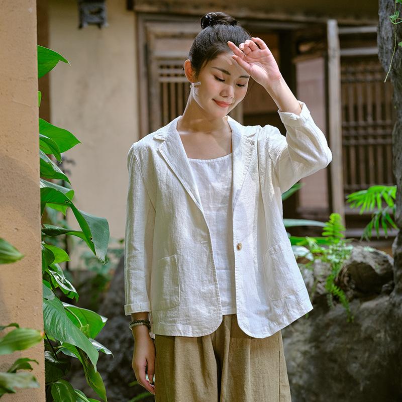 Johnature Женское винтажное льняное пальто на заказ, сплошное цветное пальто с отложным воротником и длинным рукавом, весеннее женское пальто на одной пуговице