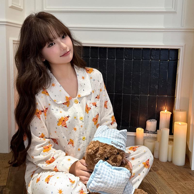 Cute cartoon star person double yarn pure cotton pajamas women's spring, summer and autumn new simple student comfortable loungewear