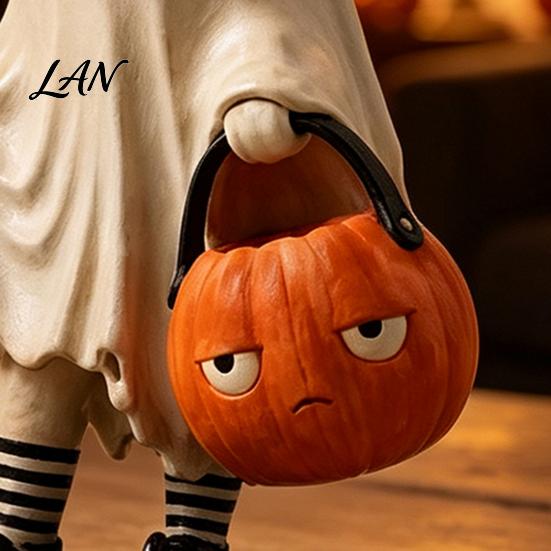 Handcrafted Resin Figures Cute Ghost Statue, Black Cat Holding Pumpkin Bucket Ornament, Statue Halloween Figurine for Home Holiday Party Table Mantel