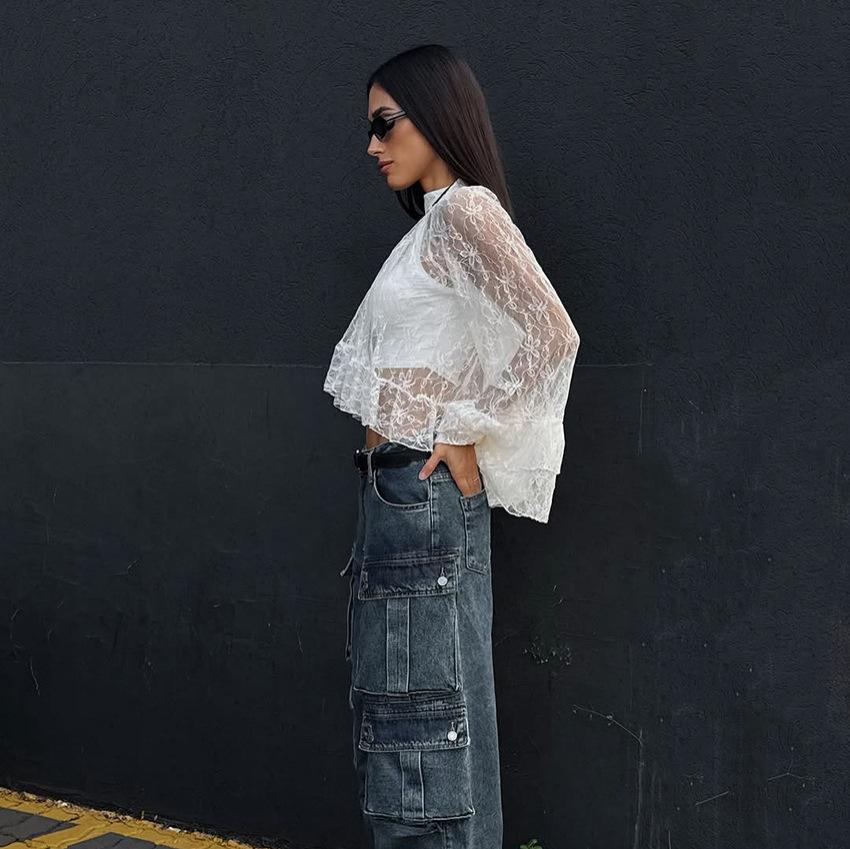 1116 Spring New Pure Desire Wind White Lace Jacquard Perspective High Neck Commuter Lazy Wind Long Sleeve Shirt