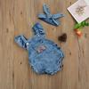 Breathable Baby Girls Outfit, Infant Summer Creative Rainbow Embroidery Fly Sleeve Lace Decoration Denim Romper + Headwear Set