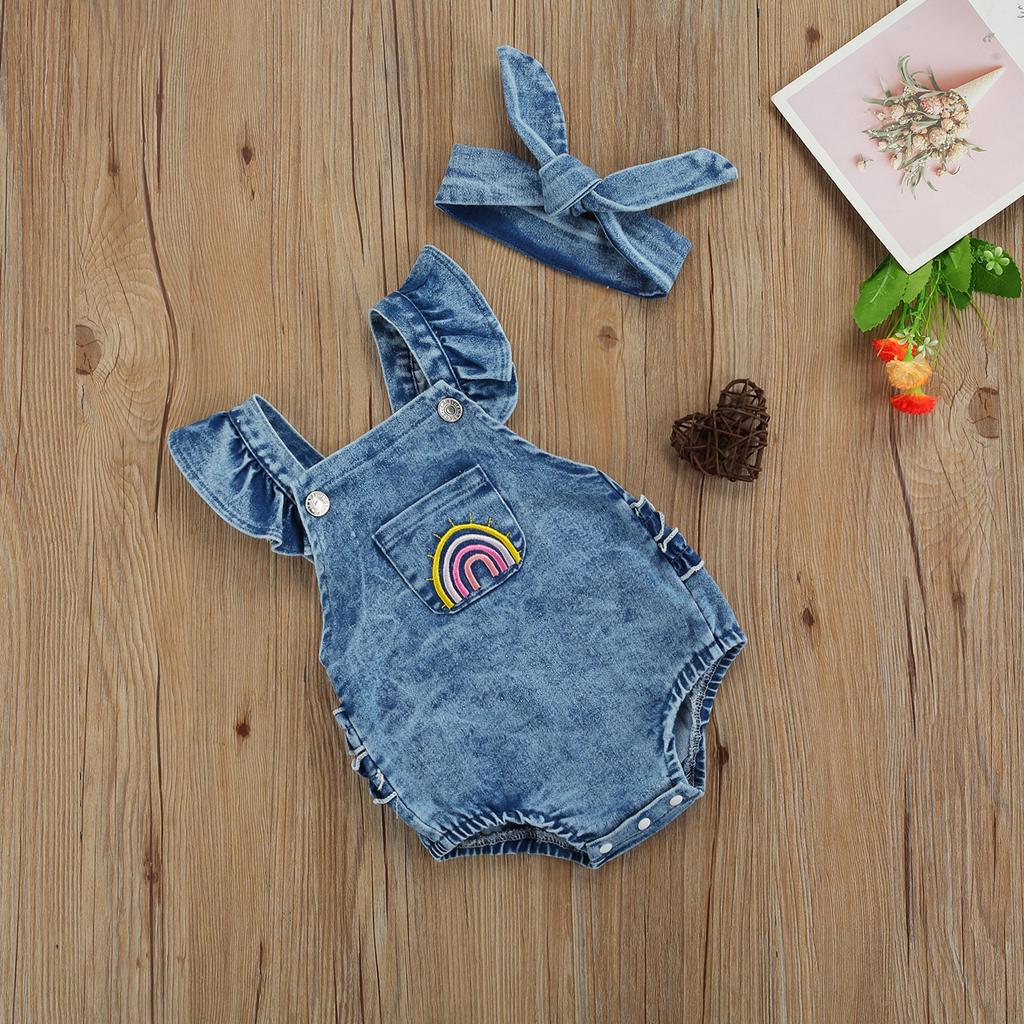 Breathable Baby Girls Outfit, Infant Summer Creative Rainbow Embroidery Fly Sleeve Lace Decoration Denim Romper + Headwear Set