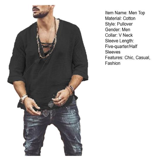 Мужская повседневная хлопково-льняная рубашка с полурукавом, V-образным вырезом и шнуровкой, футболки в богемном винтажном пляжном летнем стиле