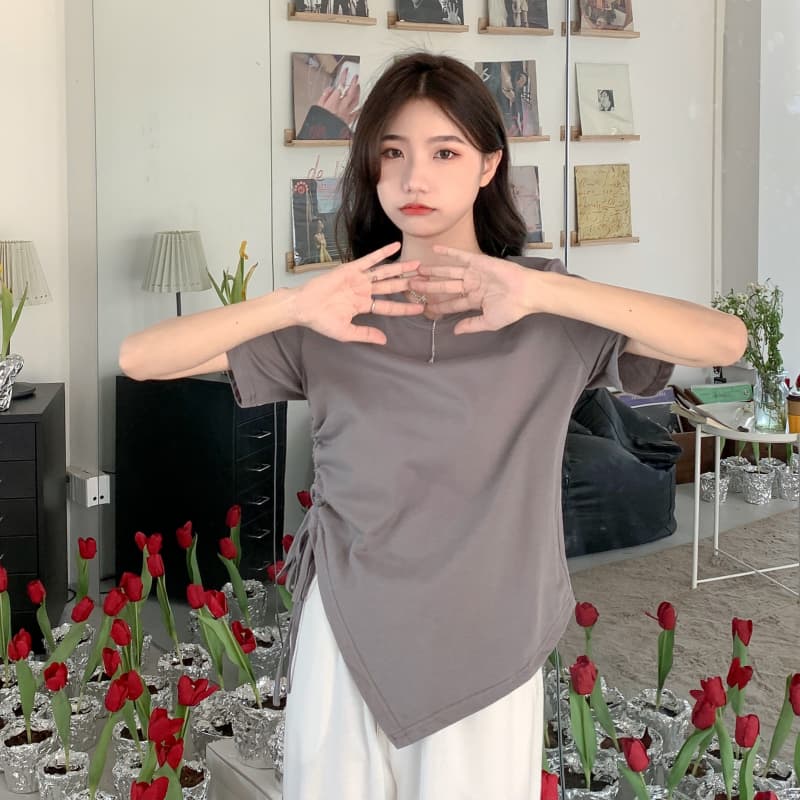 Летние нерегулярные однотонные футболки Женские футболки с коротким рукавом и круглым вырезом, повседневные, тонкие, эластичные, со шнурком, укороченные топы y2k, женская одежда