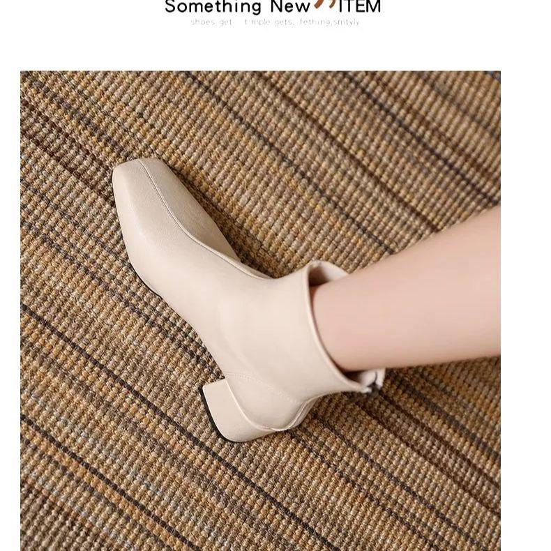 Woman Leather Short Boots Square Head Low-barrel Elastic French Style Short Boots 2024 Autumn Chic Back Zip Casual Short Boots