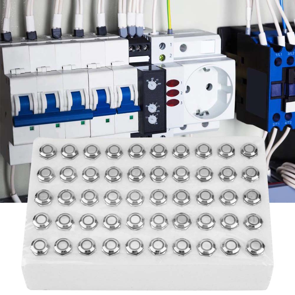 50pcs 12mm Metal Momentary Push Button Switch Auto Reset Flat Head 24V LED Light 4 Pin (Green)