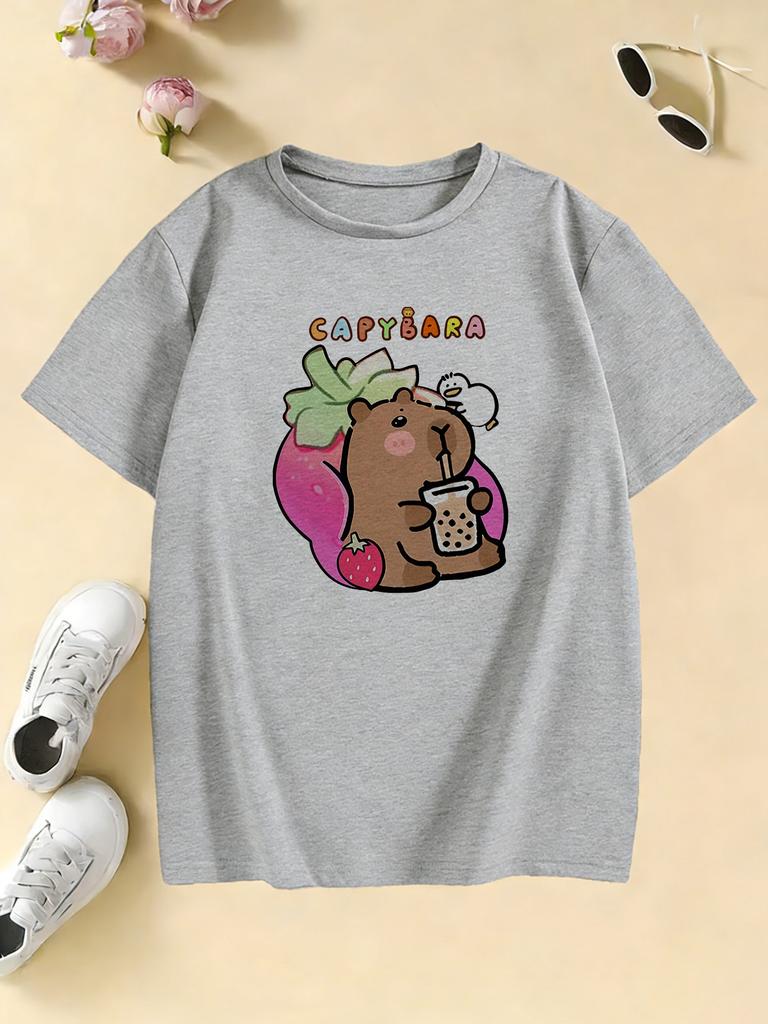 Childrens Tshirt Cute Capybara Drinking Milk Tea Printed T Shirts Short Sleeve Kids Boys Girls Summer Casual Top Tee Clothes