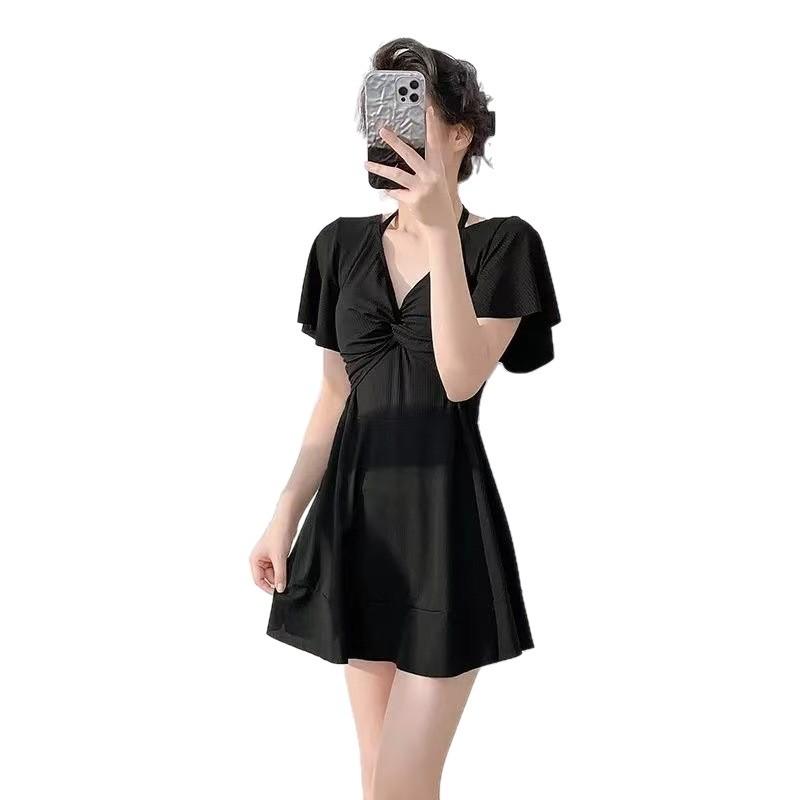 New swimsuit fairy fan one-piece short-sleeved belly cover conservative beach hot spring black skirt swimsuit