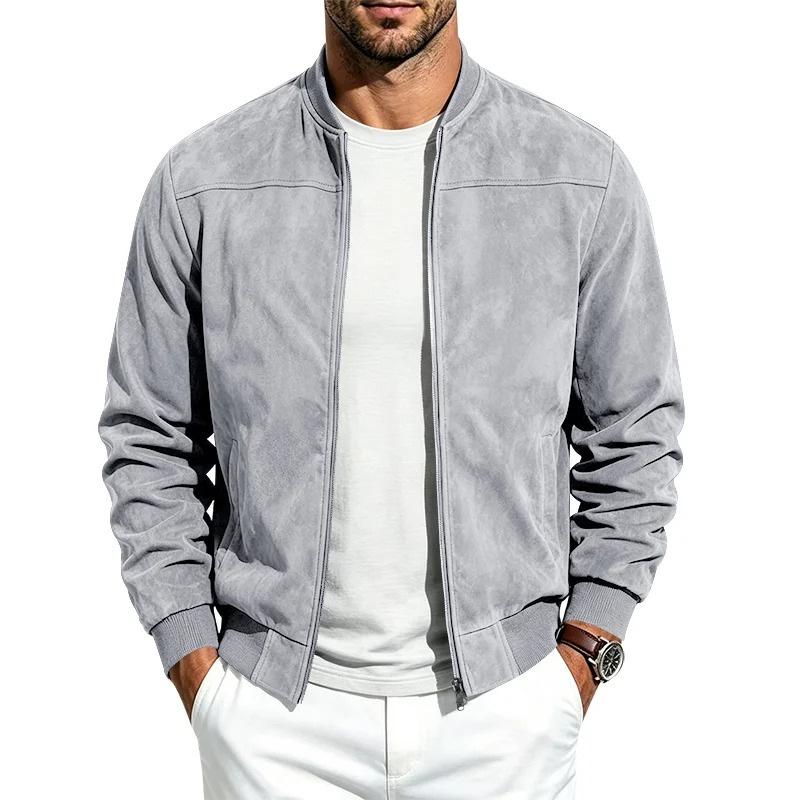 Men S Suede Jacket Casual Baseball Collar Zip Up Retro Flight Jacket