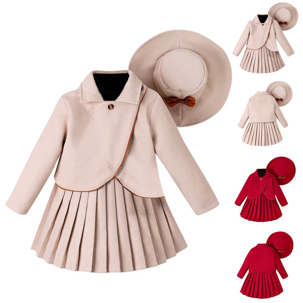 Осенне-зимний костюм для девочек с длинными рукавами, однотонным лацканами, плиссированной юбкой и шляпой