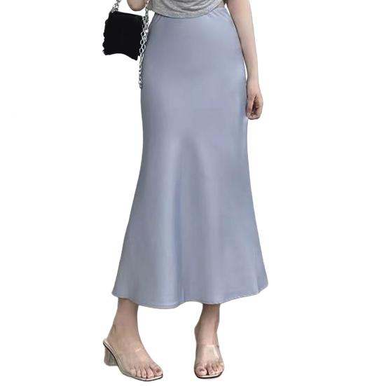 Women Fishtail Skirt High Waist Fishtail Hem Maxi Skirt Solid Color Retro Satin Texture Hip Wrapped Skirt