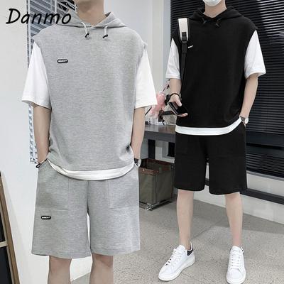 Danmo Chic Fake Двухсекционная повседневная футболка Простые шорты Наборы Летний мужской спортивный костюм большого размера Дышащая повседневная одежда Дикие уличные комплекты больших размеров