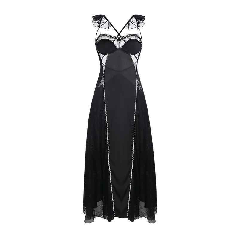 Women's Satin Sheer Lace Padded Low Cut Push Up Backless Cami Long Sleep Dress