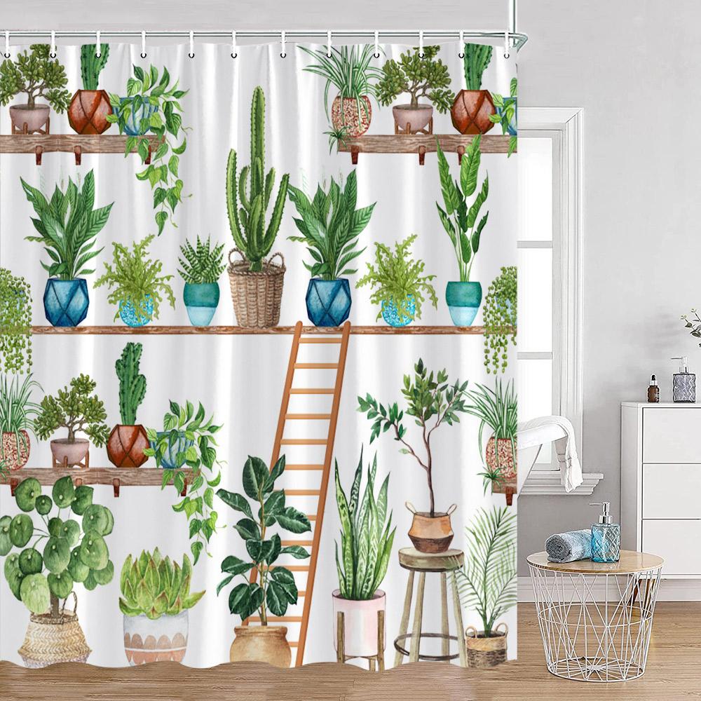 Шторка для душа с растениями Кошки Зеленые комнатные растения Листья Кот на унитазе Современный декор для ванной комнаты Полиэстеровая ткань Занавеска для ванны