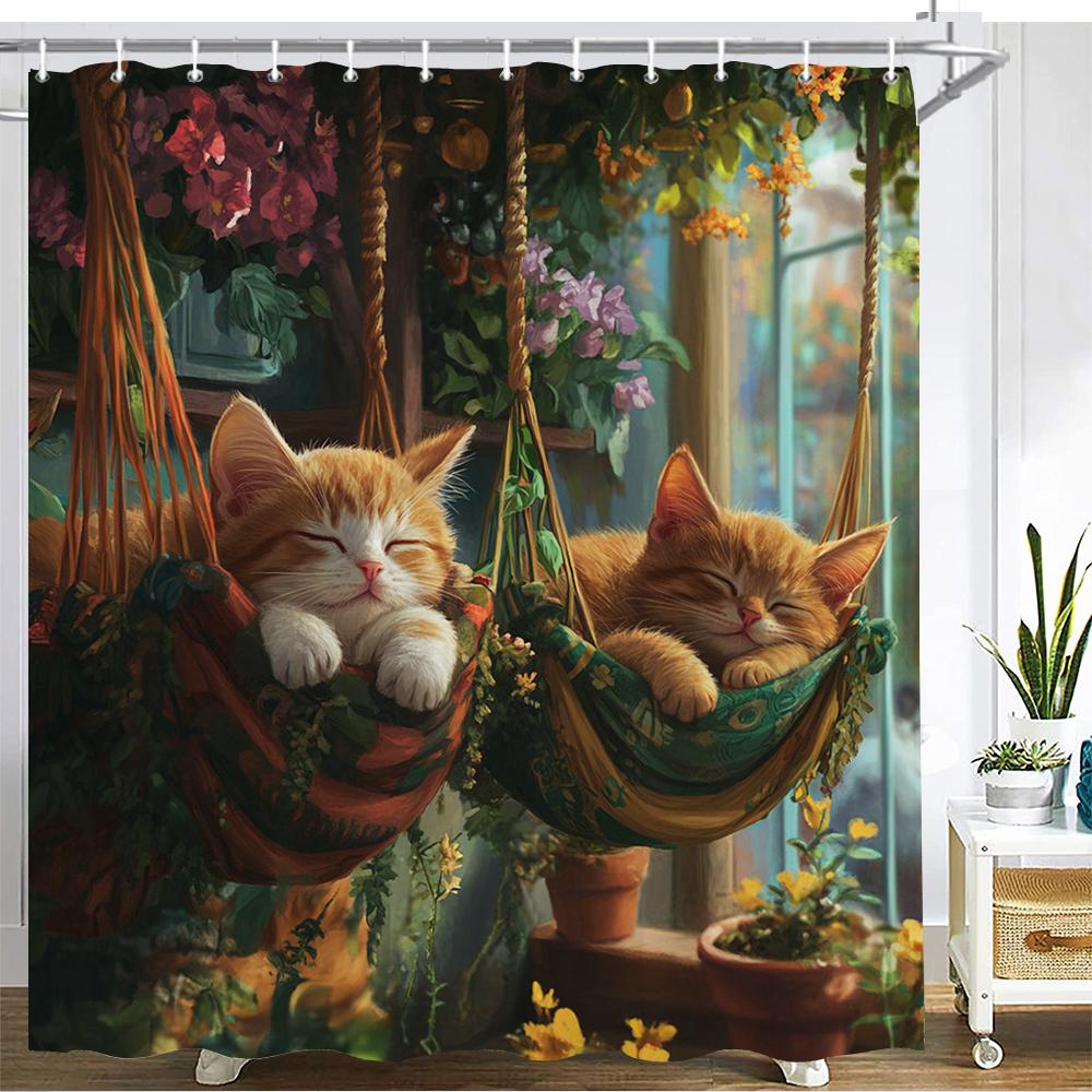 Мультяшная Милая Кошка Занавеска для Душа Принтованная Ткань Садовые цветы и растения Кошки Занавеска для Ванной Ванна Украшение для Дома Занавеска