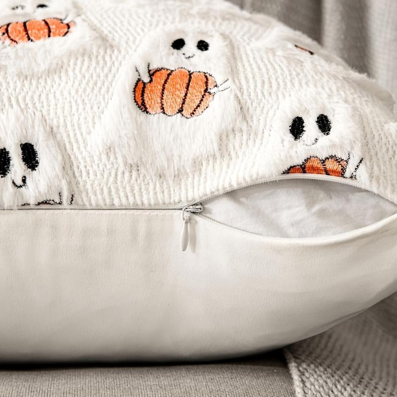 18×18in quilted ghost pumpkin plush pillow cover, cute cartoon design for Halloween home decor. Pillow insert excluded.
