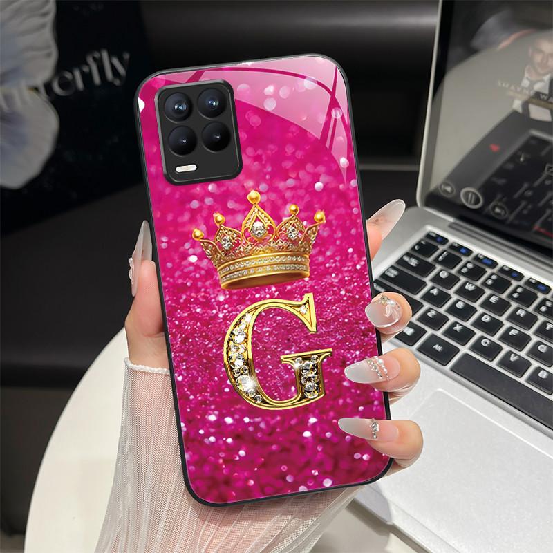 For Realme 8 Case Fashion Letters Hard Tempered Glass Back Cover For Realme 8 Pro 8i Realme8 4G RMX3085 Phone Case Luxury Coque
