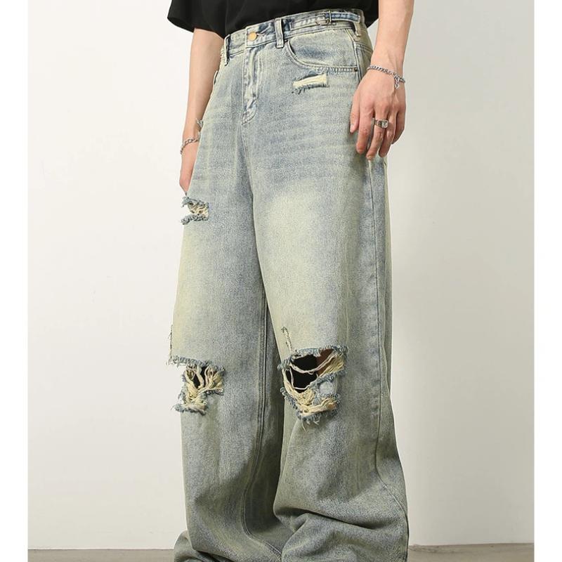 Мужские джинсы в корейском ретро-стиле, молодежные стритвир, широкие, мешковатые, рваные, полной длины, потертые, стирка деним