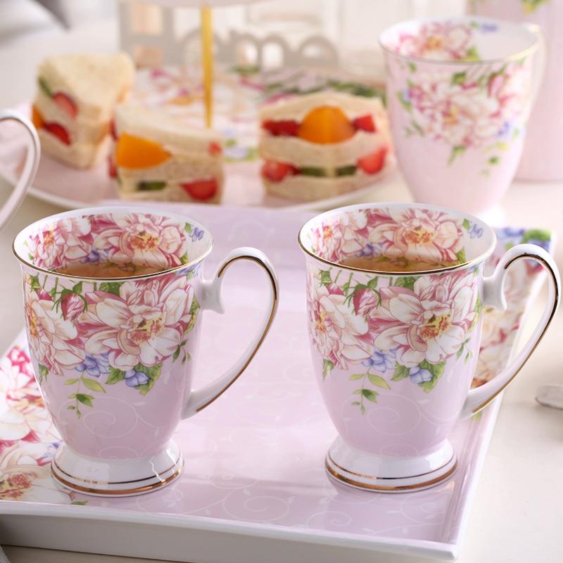 Fine Bone China Coffee Mugs Set of 4, Hand Drawn Gold Rimmed Floral Mugs, Porcelain Bone China Tea Cup with Lid, 300ml Elegant Office Home Tea Sets