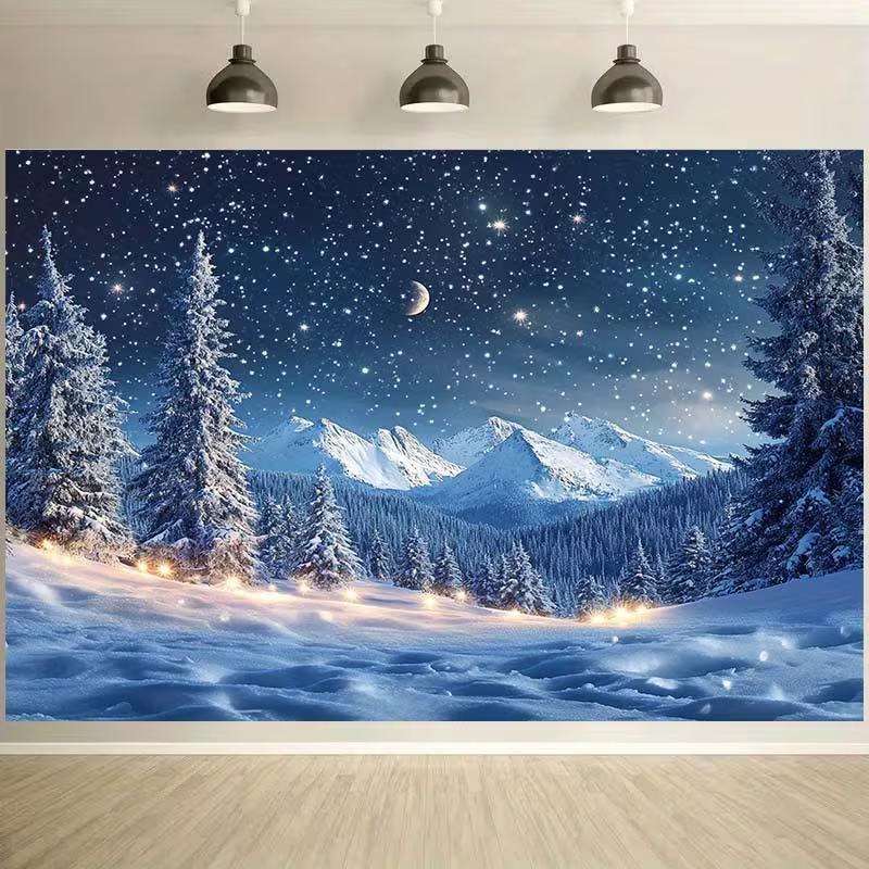 2D Winter Snow Forest Backdrop Starry Night Mountain Christmas Photography Background