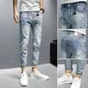 Jeans Men's Summer Thin Section of the Korean Version of the Trend of Men's Slim Small Feet Casual Hole Nine-minute Trousers