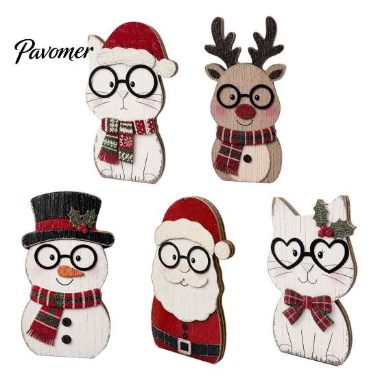 Seasonal Home Living Room Decor Christmas Wooden Cat Tabletop Decor, Cute Kitty Figurine, Rustic Farmhouse Festive Shelf Accents Xmas Tiered