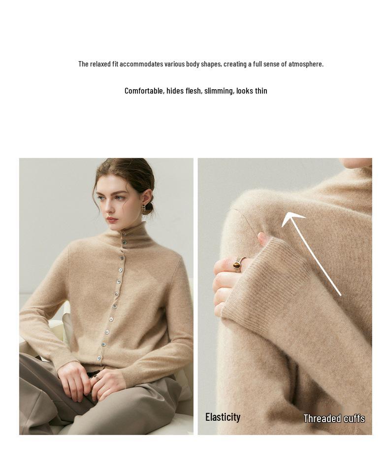 High Neck Cashmere Cardigan: Autumn/Winter Button-Up Rolled Hem Knitwear Sweater for Women.