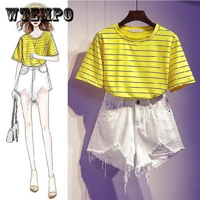 Летний женский костюм, свободная полосатая футболка, джинсовые шорты, костюм из двух предметов