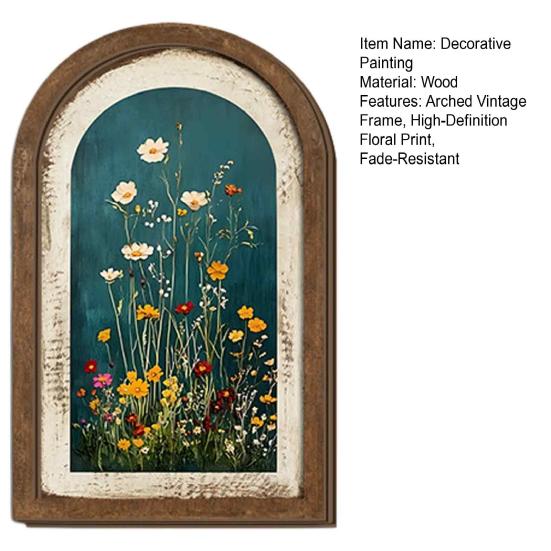 Бохо настенное панно для спальни, Арочное деревянное framed art, Масляная живопись с полевыми цветами в стиле farmhouse, Подарки на новоселье для дома, Винтажный деревянный орнамент Living