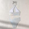 Women Sexy Backless Triangle Split Bikini Suit Set Summer Tie Side G-String Thong Swimsuit Halter Elastic Bikini