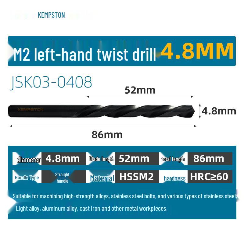Capson M2 High-Speed Steel Left-Hand Twist Drill Bit for Stainless Steel, Straight Shank, 1-16mm